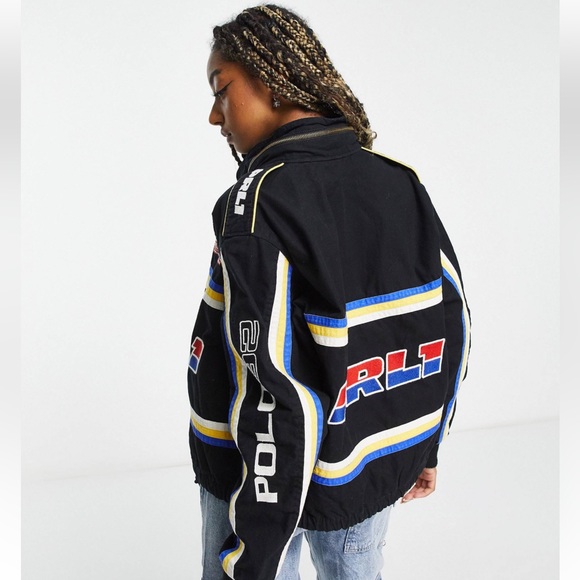 🔥NWT POLO RALPH LAUREN Women’s Multi-Patch Racer Black Bomber Jacket Sz M - Picture 5 of 16
